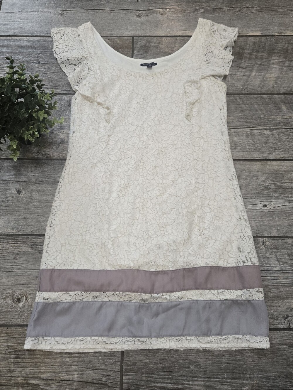 American Eagle White Lace Ribbon Stripes Flutter Sleeve Romantic Mini Dress, M